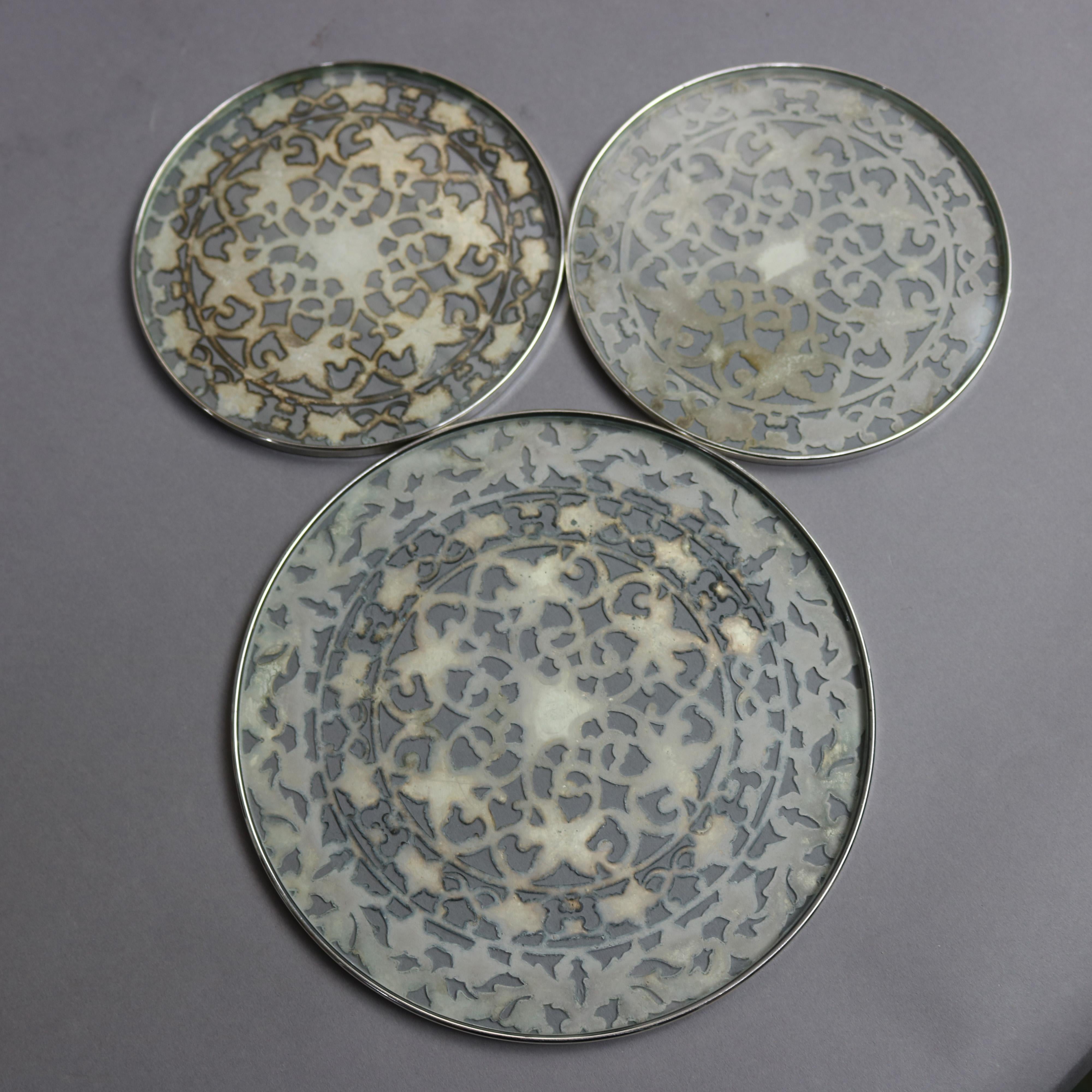 Three Antique Reticulated Sterling Silver Overlay and Glass Trivets, circa 1890 In Good Condition In Big Flats, NY
