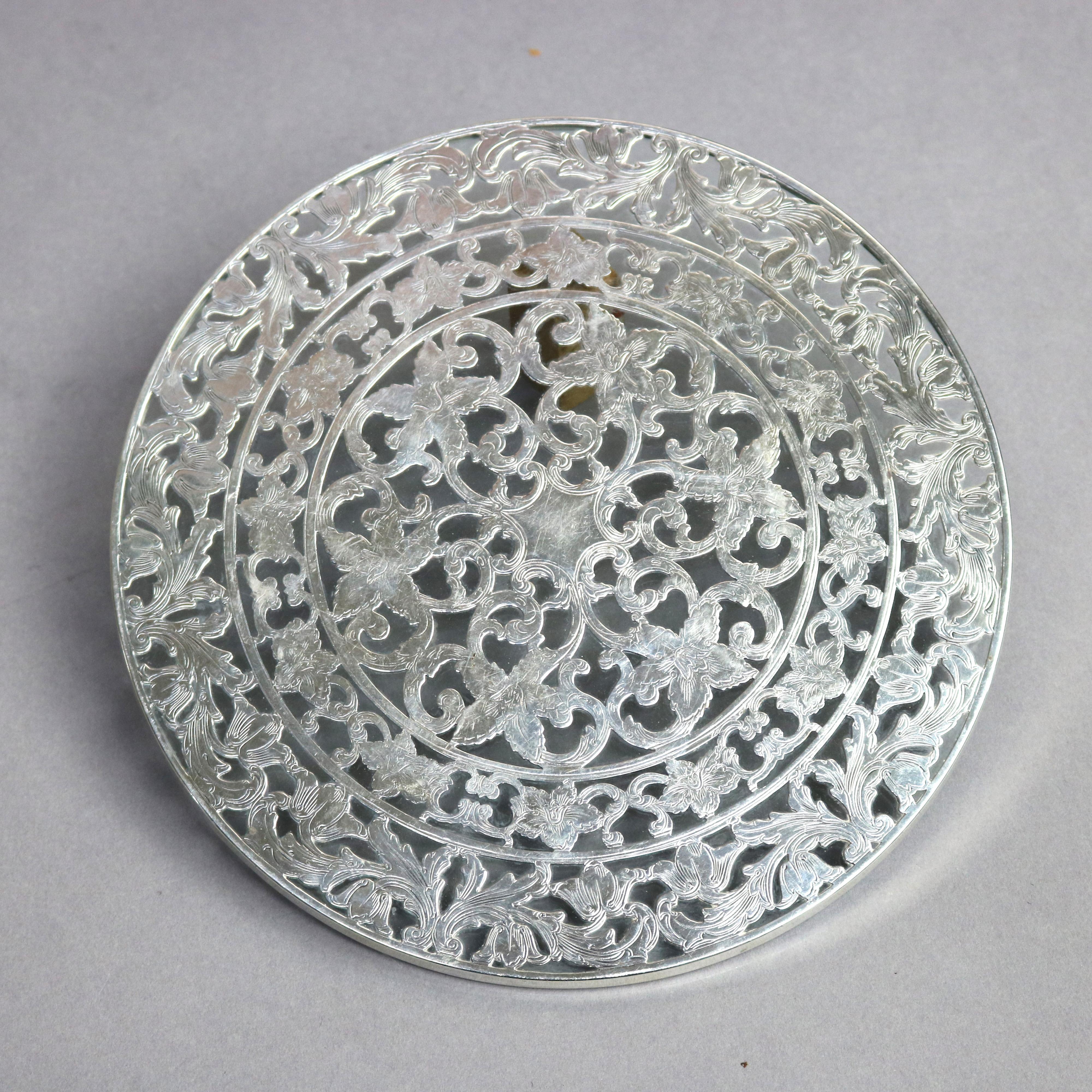 19th Century Three Antique Reticulated Sterling Silver Overlay and Glass Trivets, circa 1890