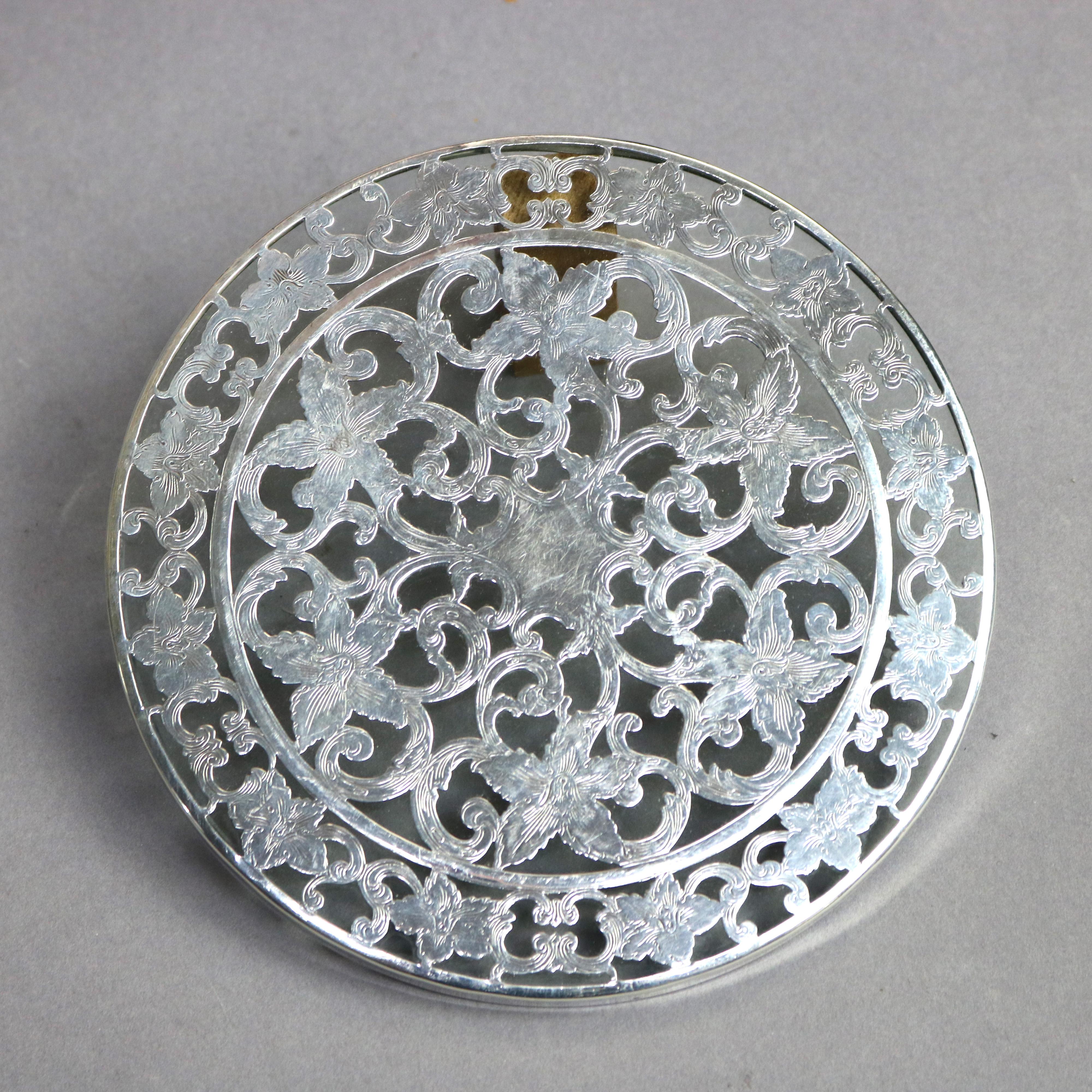 Three Antique Reticulated Sterling Silver Overlay and Glass Trivets, circa 1890 1