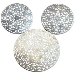 Three Antique Reticulated Sterling Silver Overlay and Glass Trivets, circa 1890