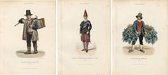 Tre incisioni d'epoca raffiguranti mestieri e costumi dell'antica Roma: la Guardia Papale e i mercanti, 1850