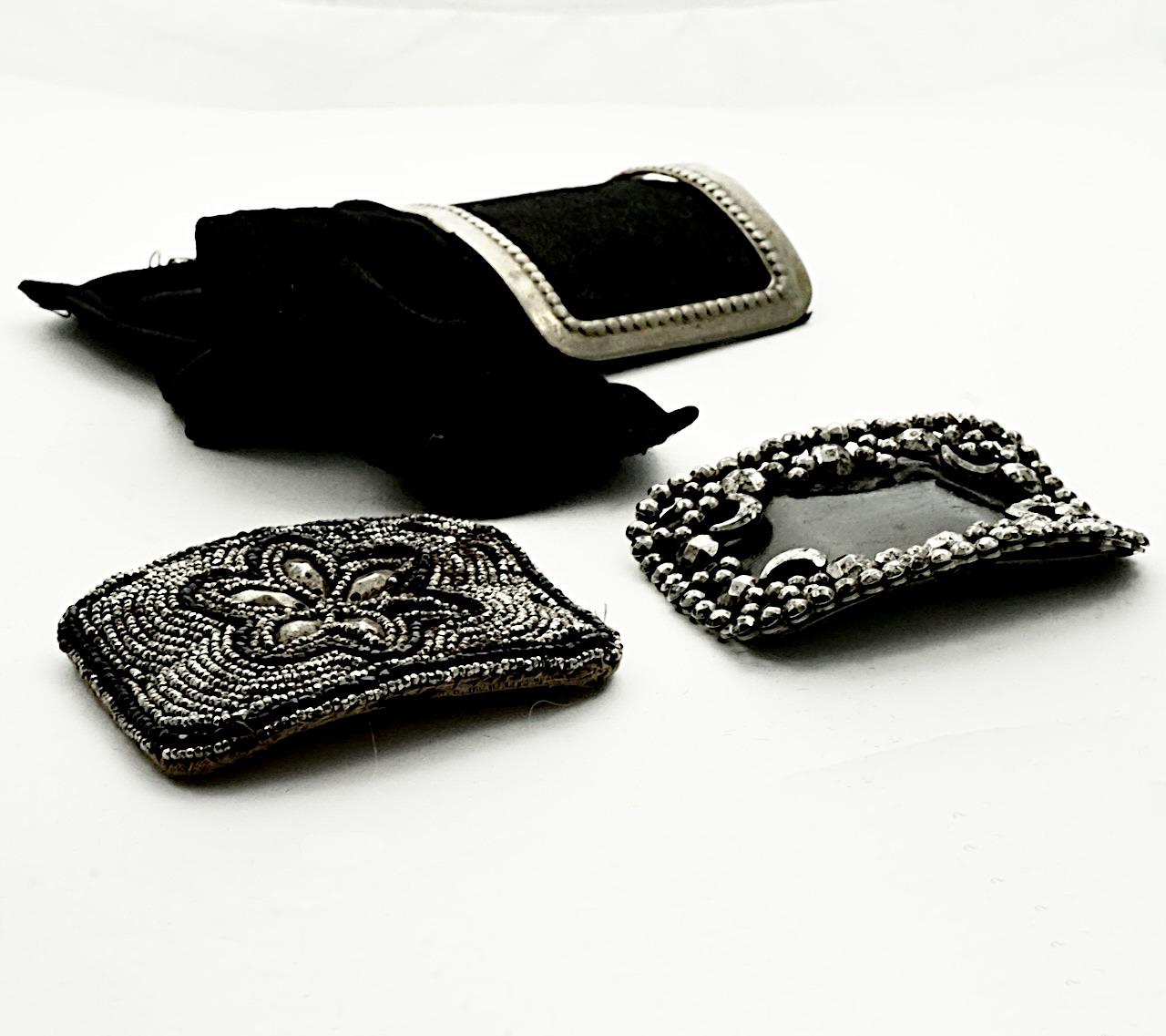 Black Three Antique Shoe Buckles Silk Leather Cut Steel For Sale