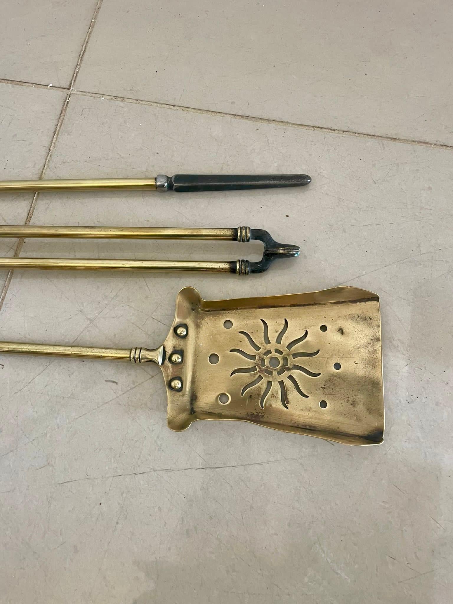 Three antique Victorian quality brass fire irons consisting of a quality brass shovel depicting a starburst, poker, and fire tongs


Dimensions:
Height 69 cm 
Width 14 cm 
Depth 3 cm


Dated 1860

