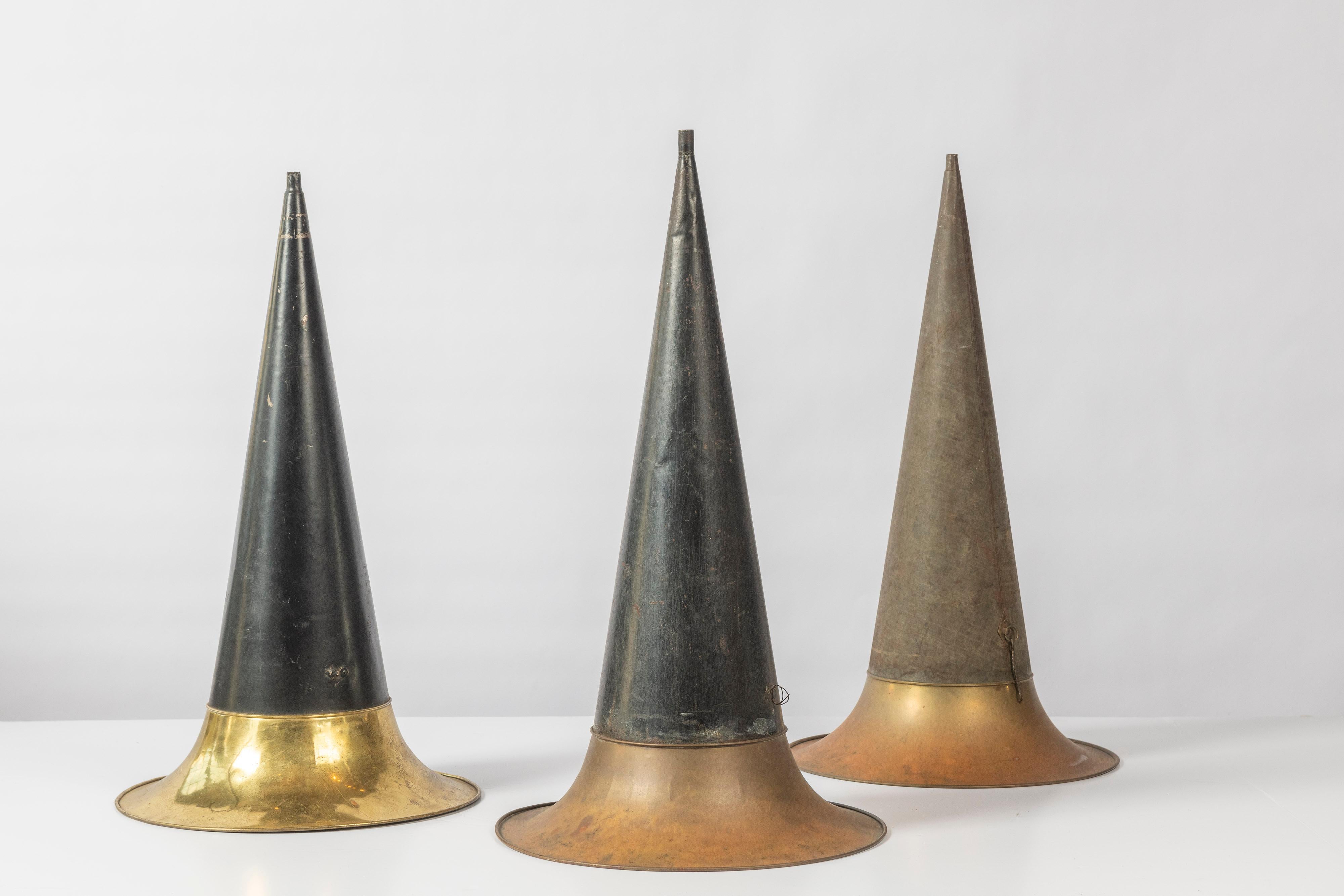 Three antique exterior phonograph horns attributed to Victrola, likely from a Victor Talking Machine. We have three available which can be sold individually or as a set. Add an interesting addition to your music room, library or den.

Kindly