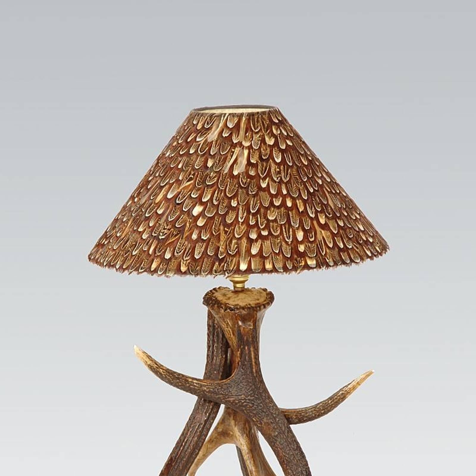 Scottish Three Antlers Table Lamp with Partridge Feather Lamp Shade For Sale