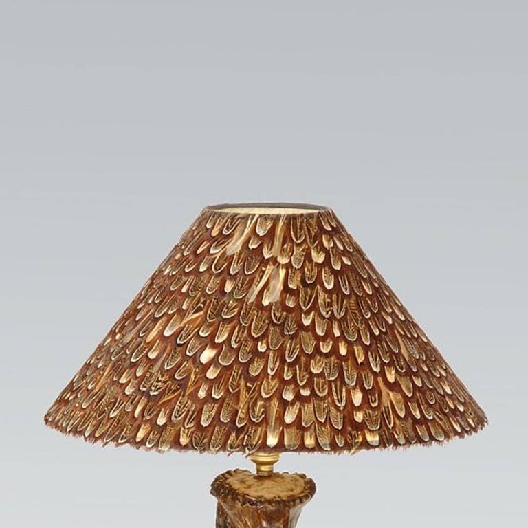 Three Antlers Table Lamp with Partridge Feather Lamp Shade For Sale at