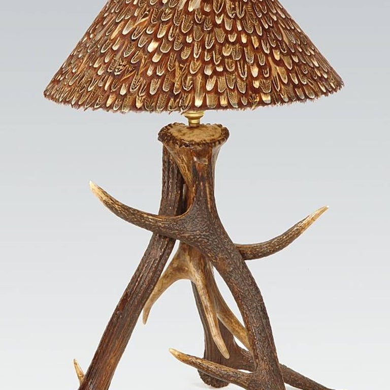Three Antlers Table Lamp with Partridge Feather Lamp Shade For Sale at