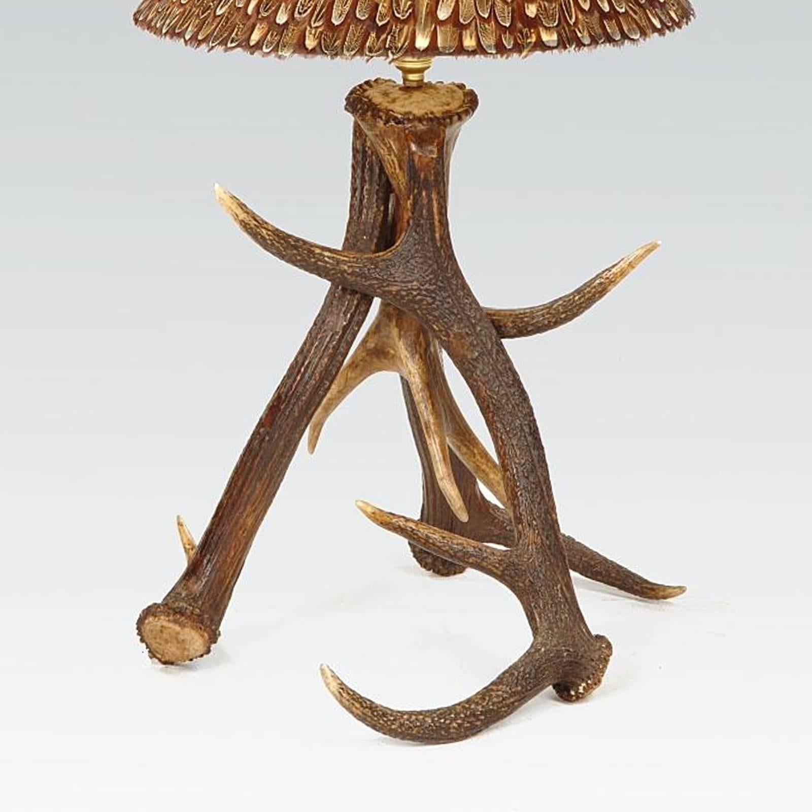 Contemporary Three Antlers Table Lamp with Partridge Feather Lamp Shade For Sale