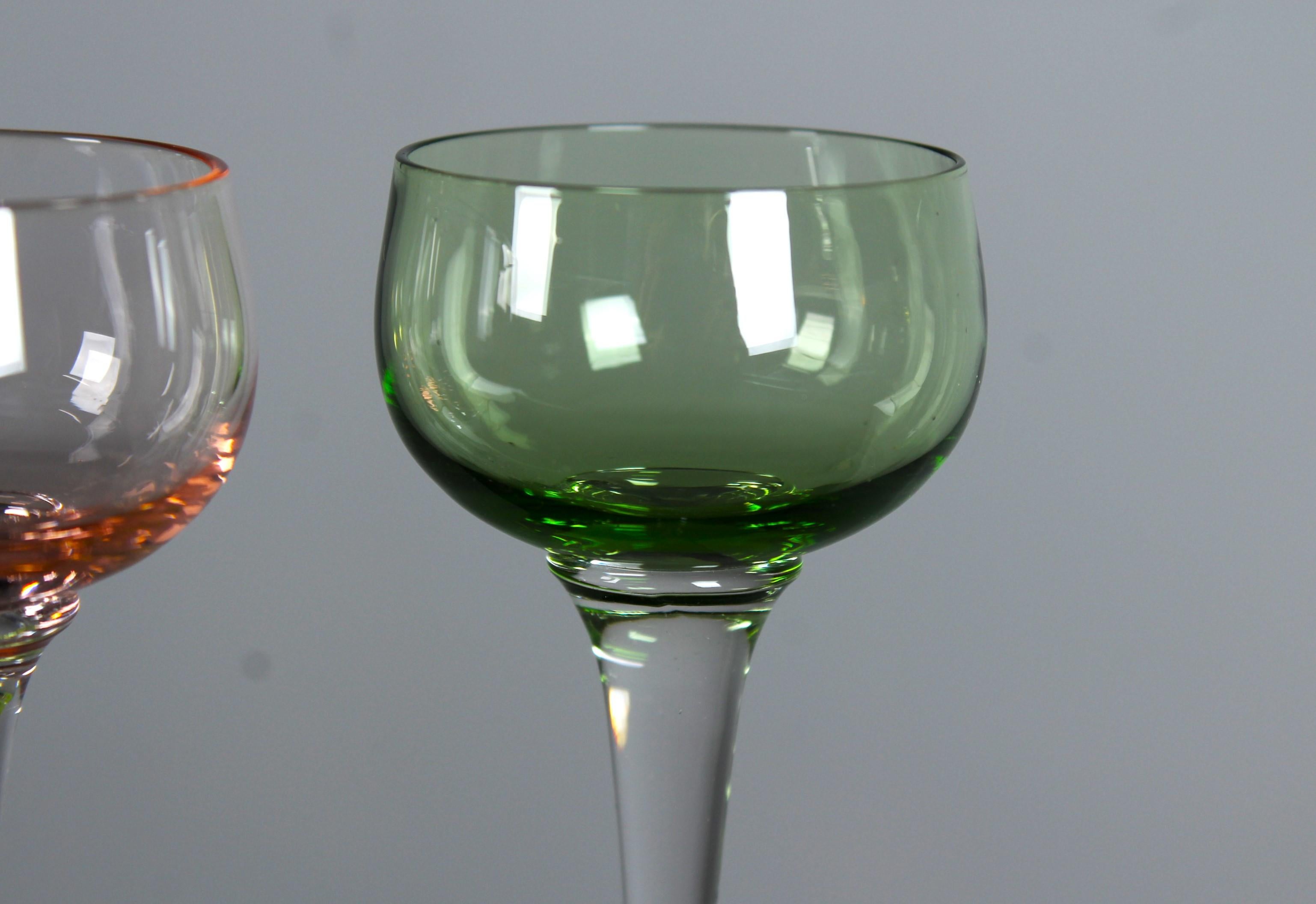 French Three Art Deco Aperitif Glasses, 1930s, France, Coloured Glass, Bohemian, 14 cm For Sale