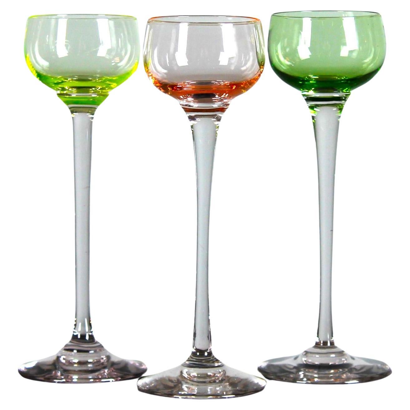 Three Art Deco Aperitif Glasses, 1930s, France, Coloured Glass, Bohemian, 14 cm For Sale