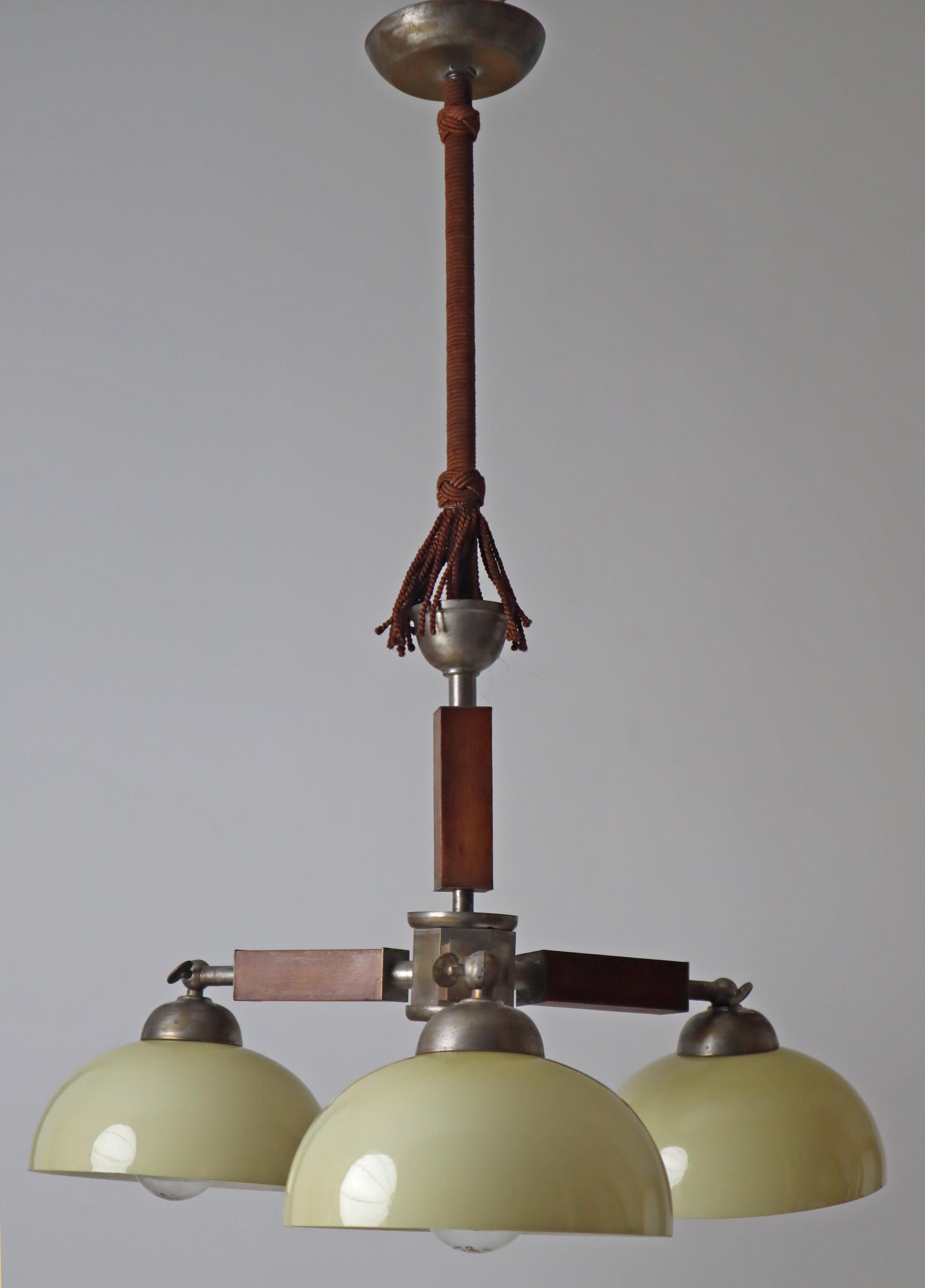Three arm Art-deco chandelier made out of glass wood and chrome.  Germany 1930s For Sale 7