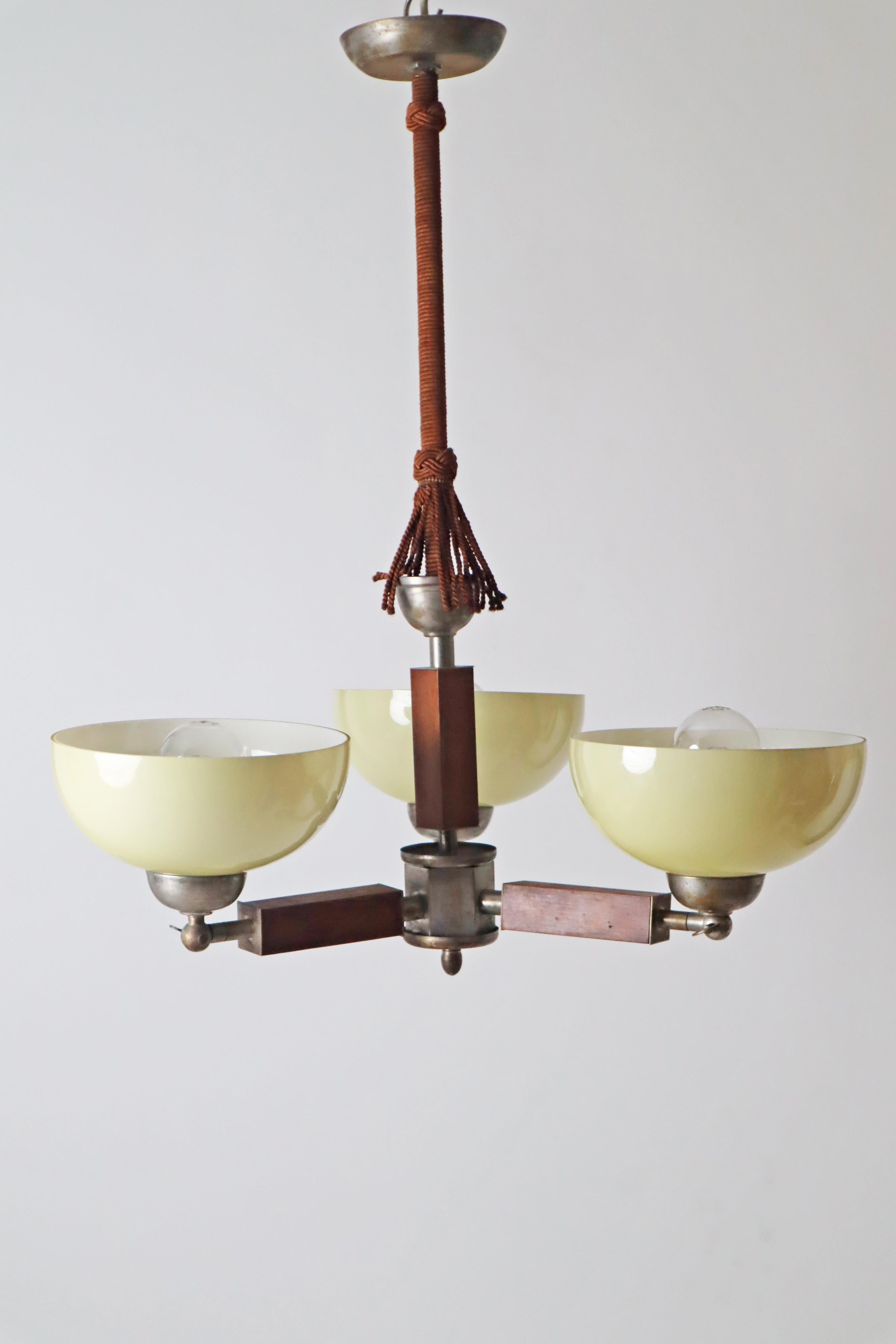 Three arm Art-deco chandelier made out of glass wood and chrome.  Germany 1930s For Sale 13