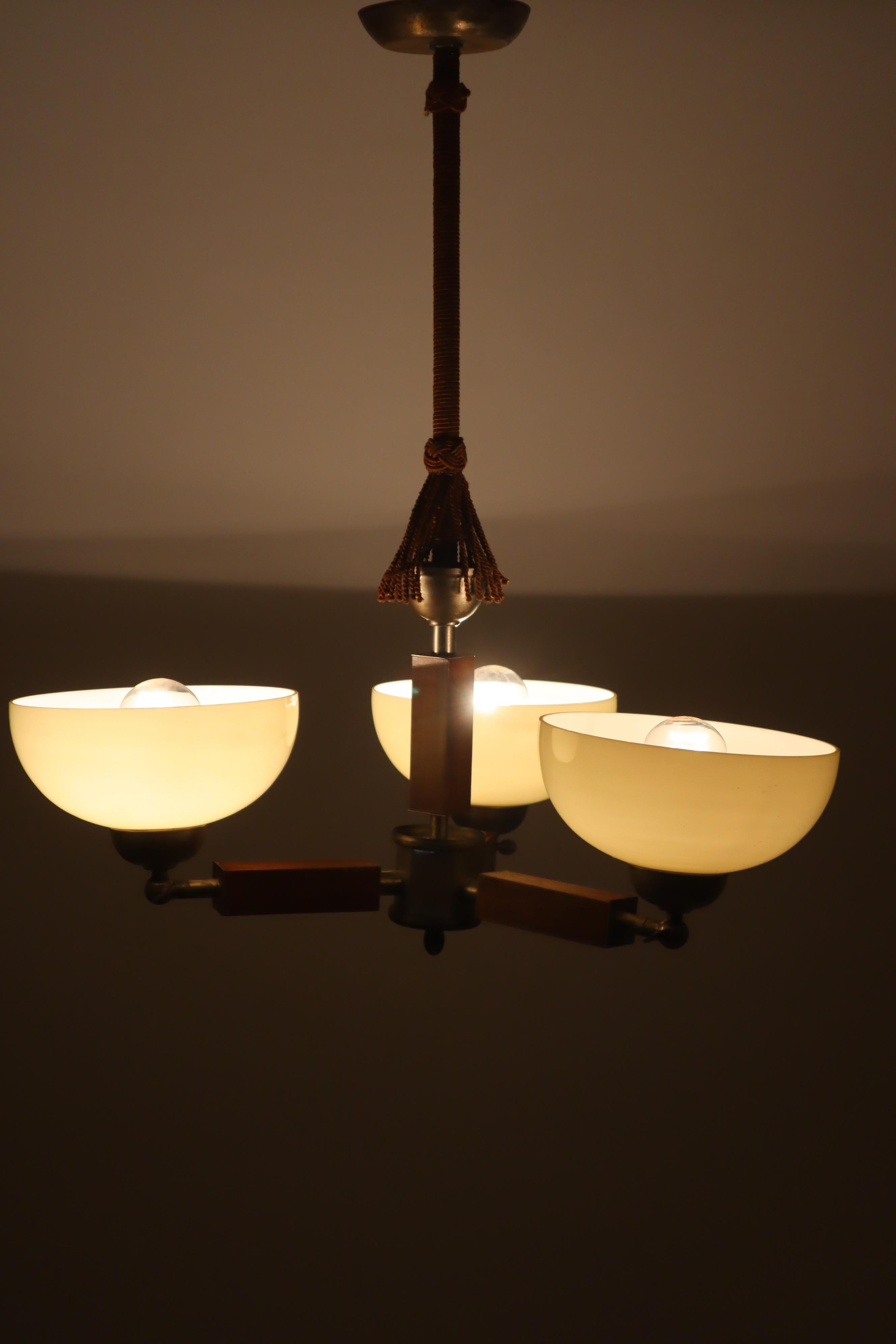Mid-20th Century Three arm Art-deco chandelier made out of glass wood and chrome.  Germany 1930s For Sale
