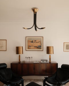 Three-Arm Brass and Leather Chandelier by Comelit, Italy, 1980s