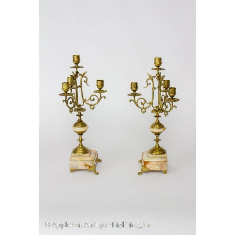 Victorian Three Arm Brass Candelabra with Onyx Bases For Sale