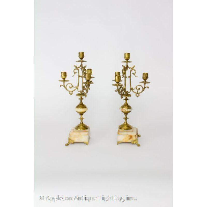 American Three Arm Brass Candelabra with Onyx Bases For Sale