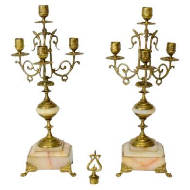 Three Arm Brass Candelabra with Onyx Bases For Sale