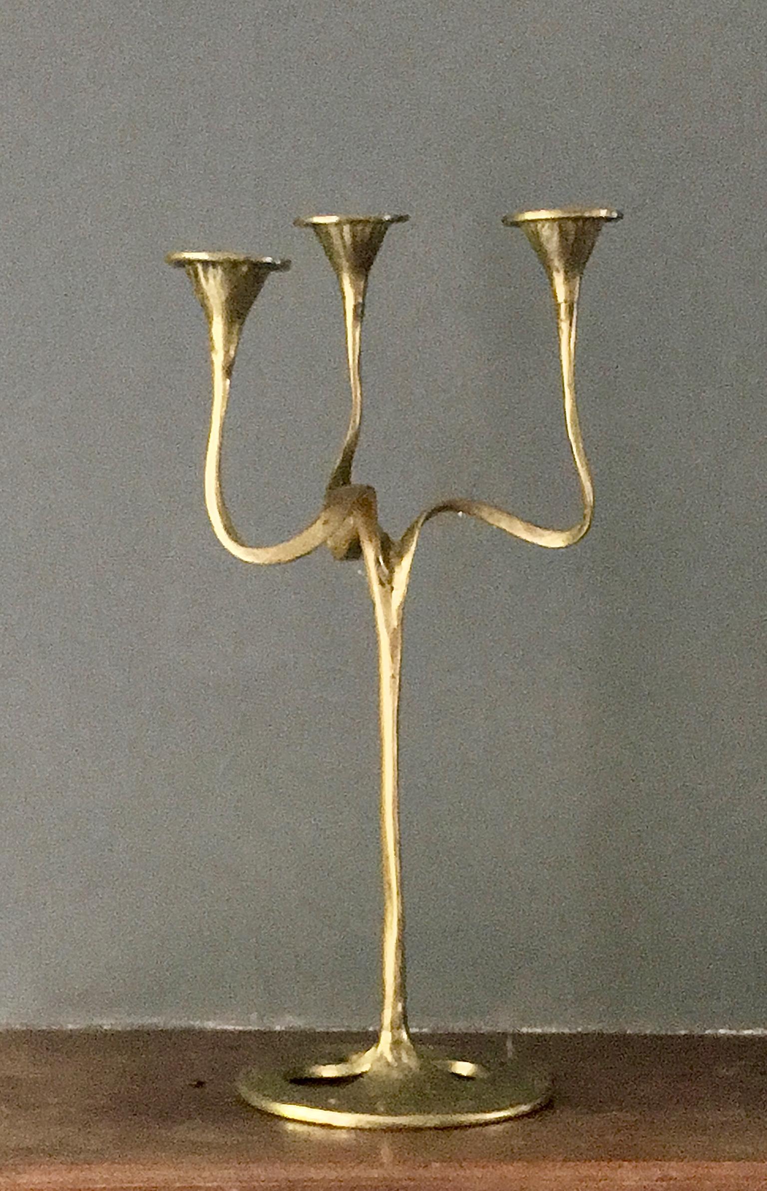 Art Nouveau Three-Arm Brass Candlestick or Candelabra of Organic Form