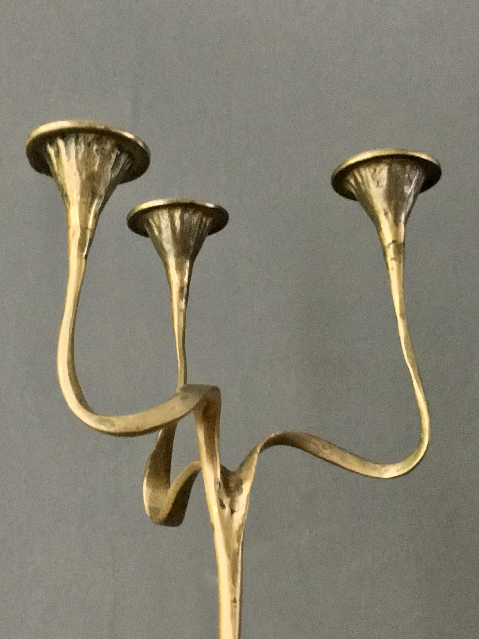 European Three-Arm Brass Candlestick or Candelabra of Organic Form