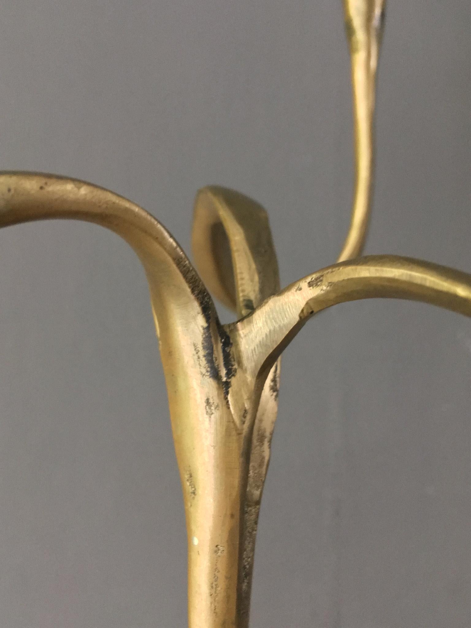 Cast Three-Arm Brass Candlestick or Candelabra of Organic Form