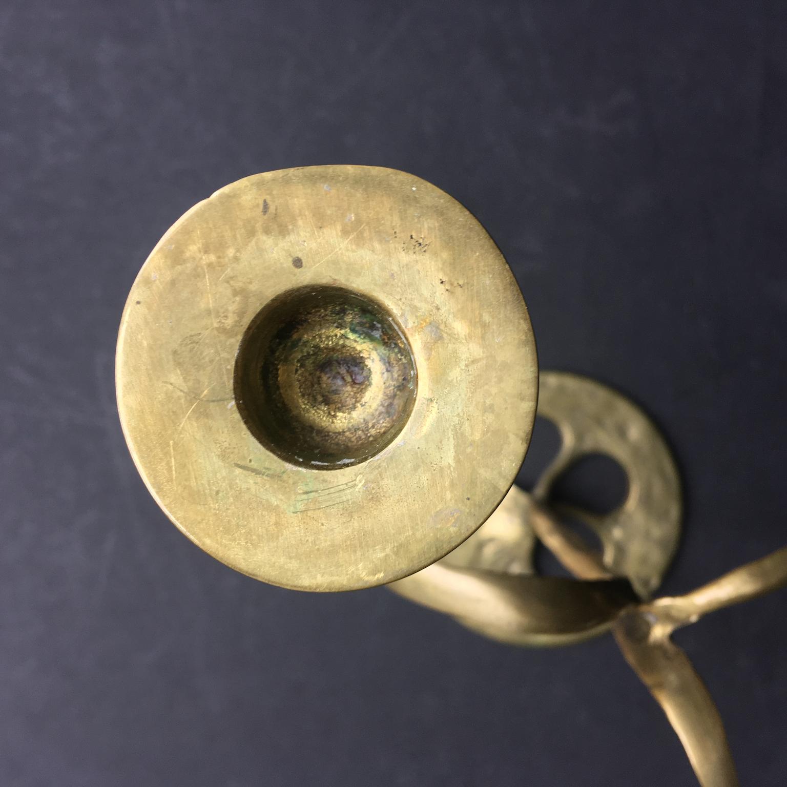 20th Century Three-Arm Brass Candlestick or Candelabra of Organic Form