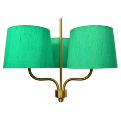 Three Arm Brass Chandelier Green Silk Shades by Luxus Sweden, 1960s