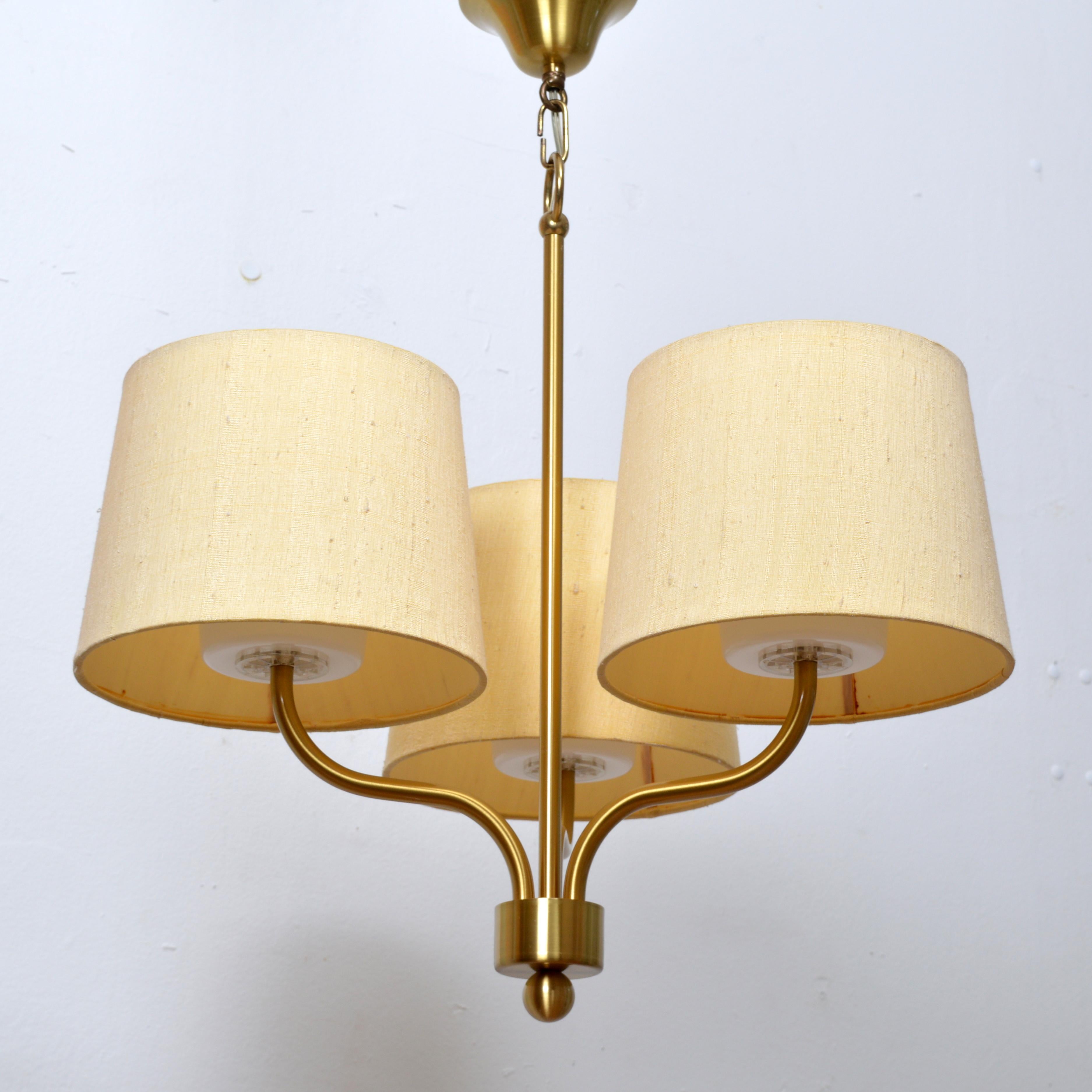 Scandinavian Modern Three Arm Brass Chandelier with Fabric Shades by Luxus Sweden, 1960s For Sale