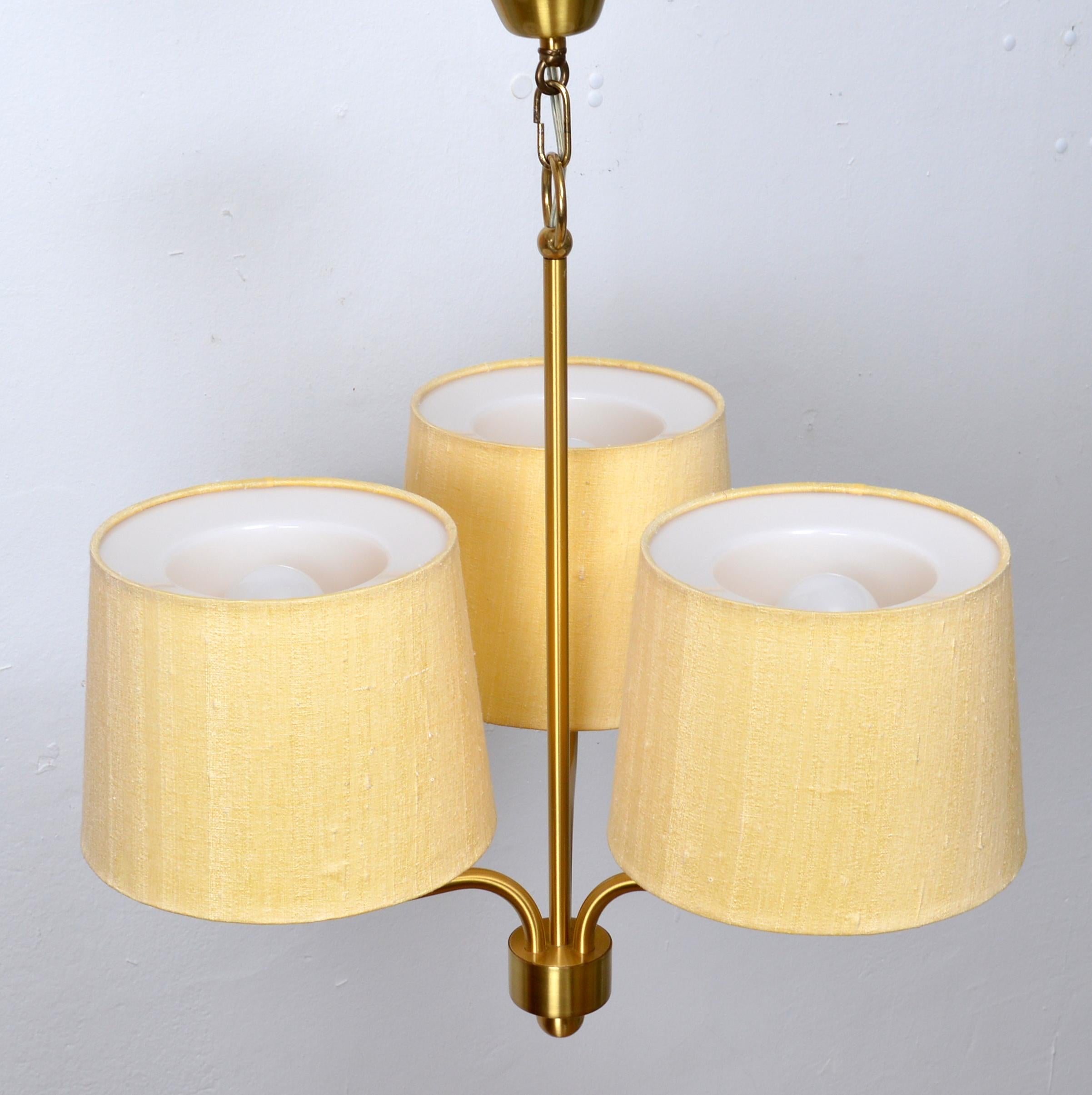 Swedish Three Arm Brass Chandelier with Fabric Shades by Luxus Sweden, 1960s For Sale