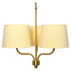 Three Arm Brass Chandelier with Fabric Shades by Luxus Sweden, 1960s
