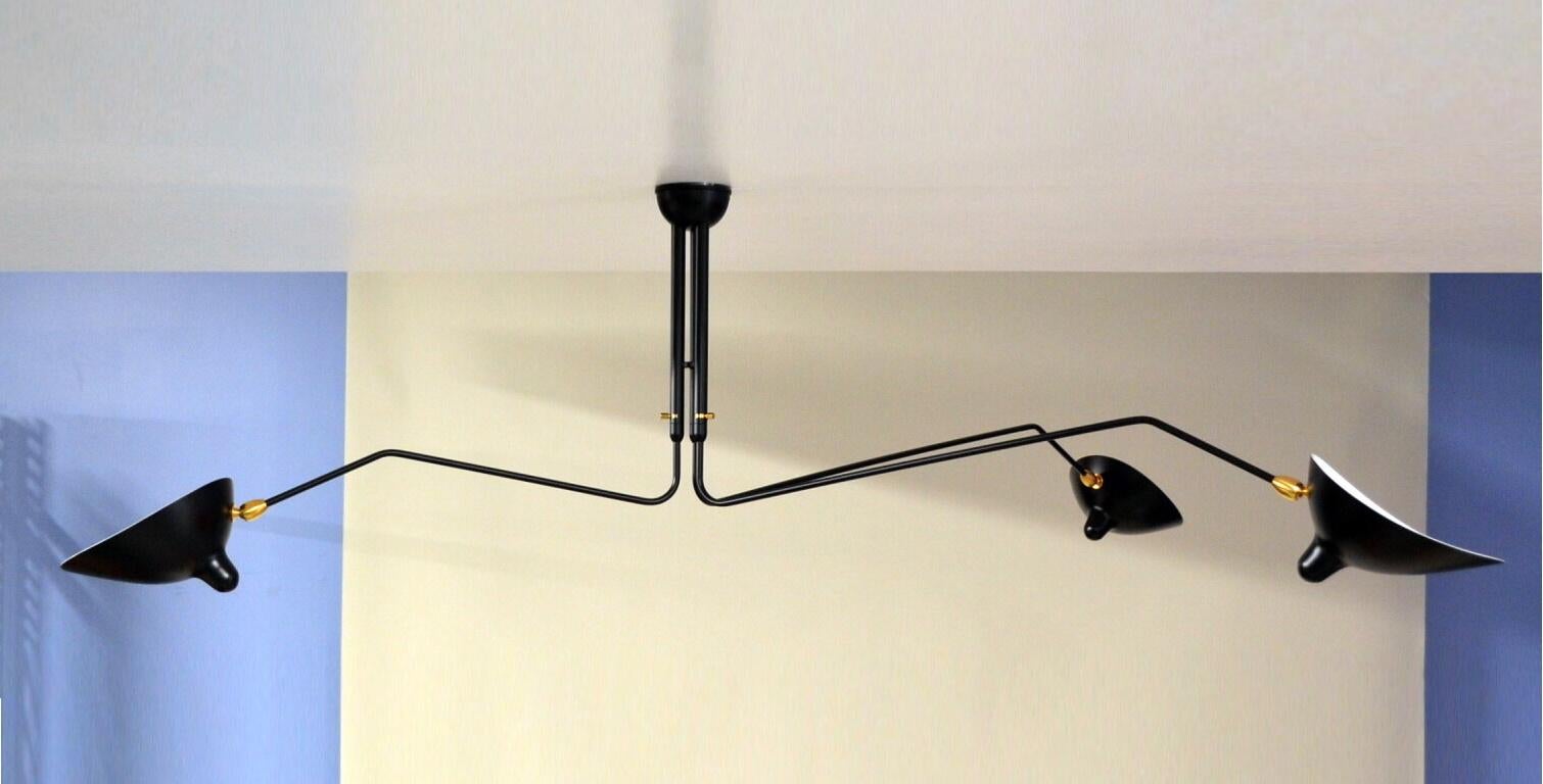 French Three-Arm Ceiling Lamp in Black by Serge Mouille