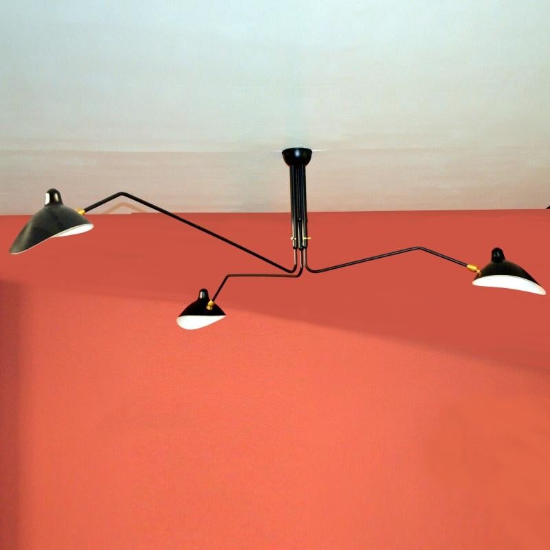 Three-Arm Ceiling Lamp in Black by Serge Mouille In Excellent Condition In Stratford, CT