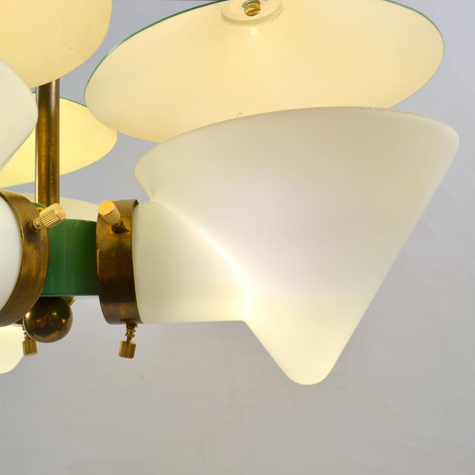 Three Arm Chandelier Green Metal, Opaline Glass Cones and Brass, Arlus 1950's  For Sale 4