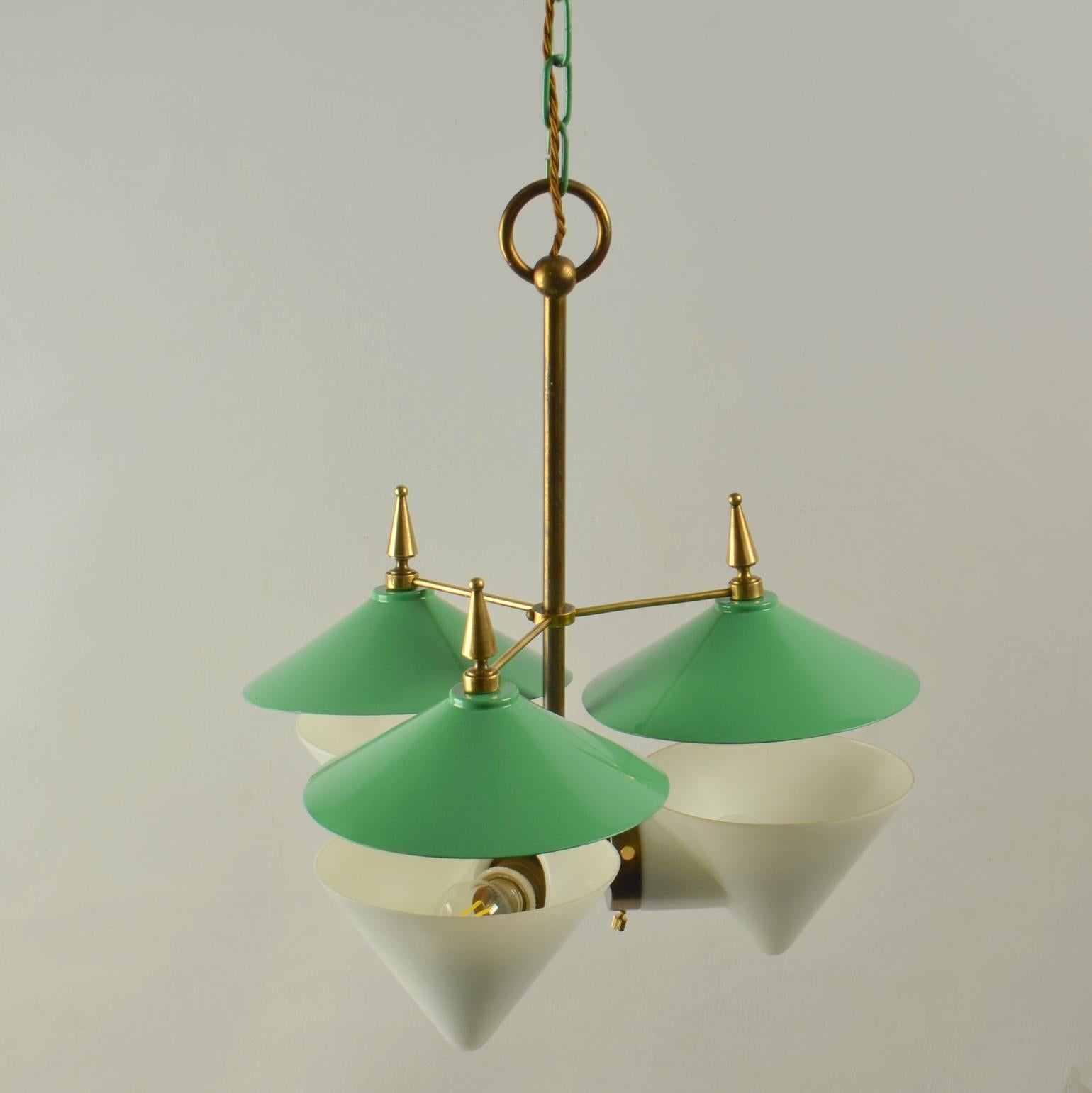 Three Arm Chandelier Green Metal, Opaline Glass Cones and Brass, Arlus 1950's  For Sale 6