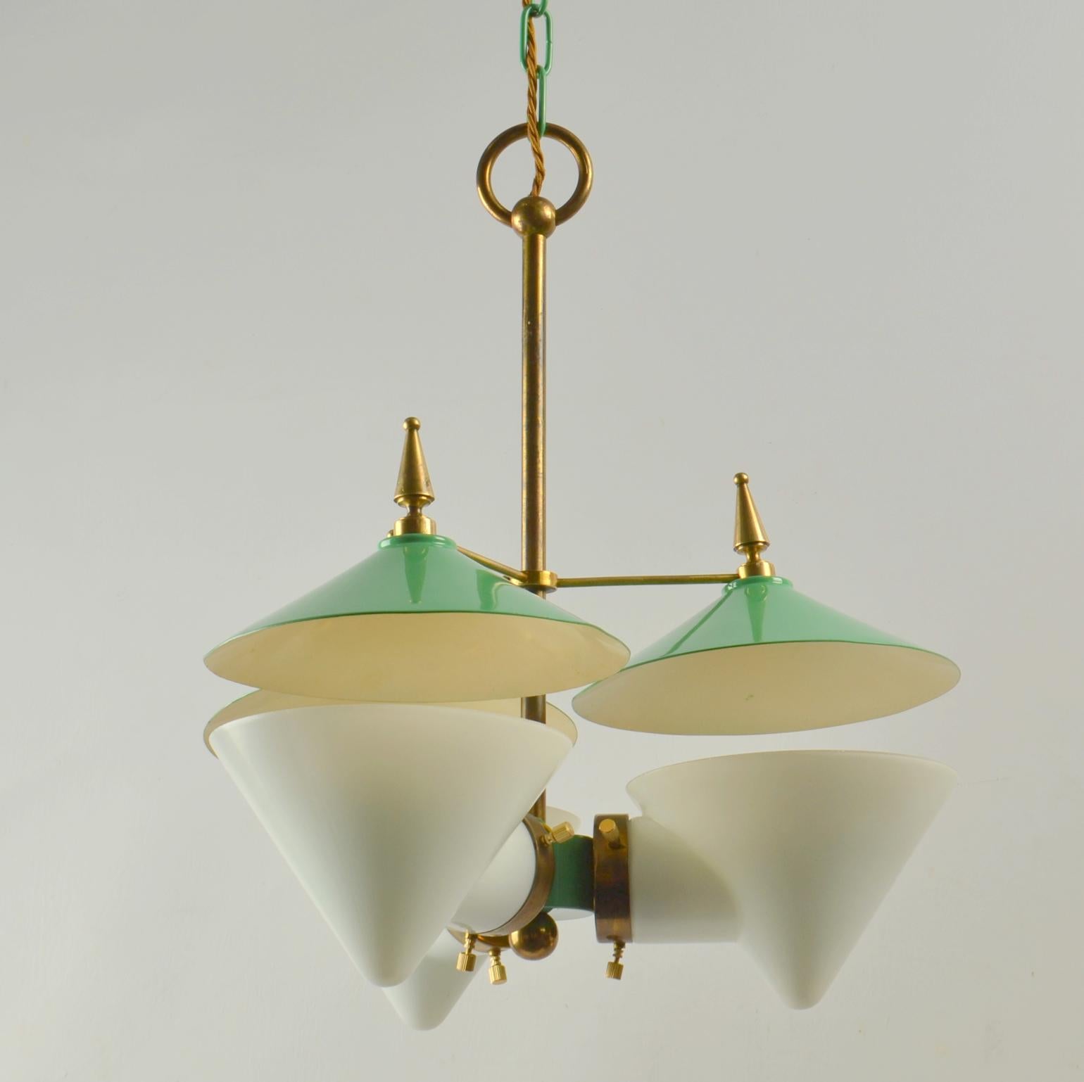 Three Arm Chandelier Green Metal, Opaline Glass Cones and Brass, Arlus 1950's  For Sale 7