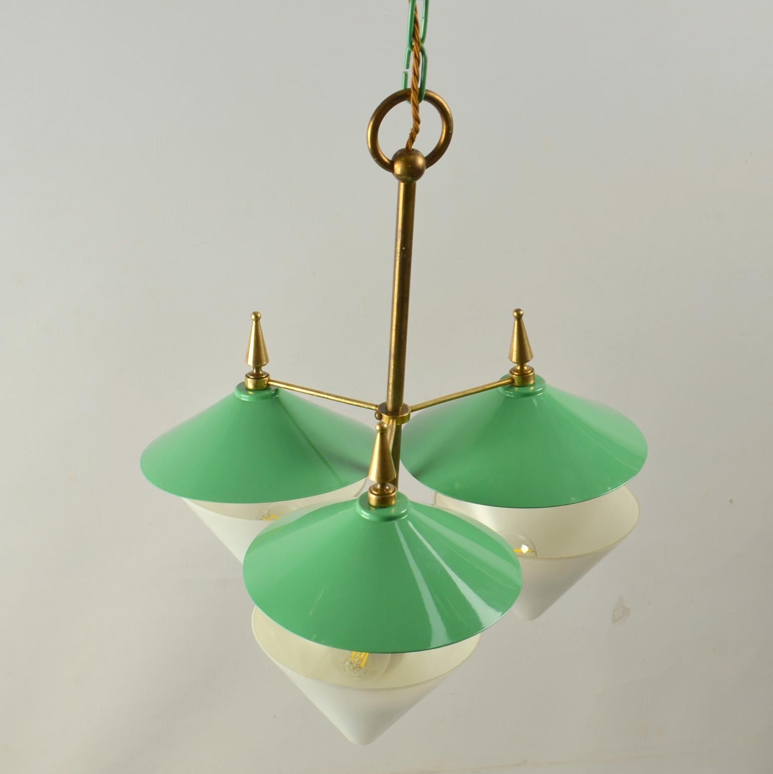 Three Arm Chandelier Green Metal, Opaline Glass Cones and Brass, Arlus 1950's  For Sale 8