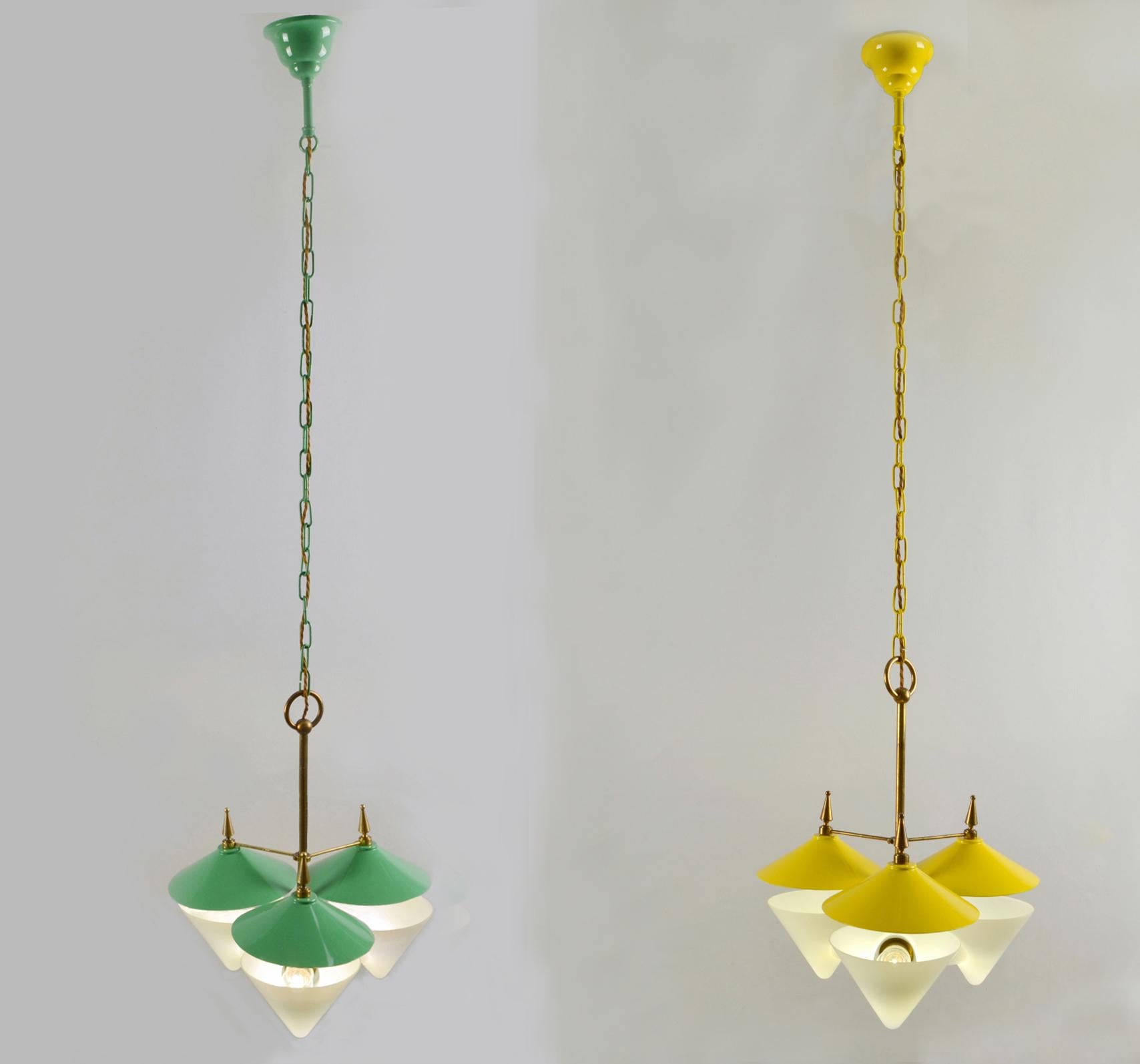 Three Arm Chandelier Green Metal, Opaline Glass Cones and Brass, Arlus 1950's  For Sale 9
