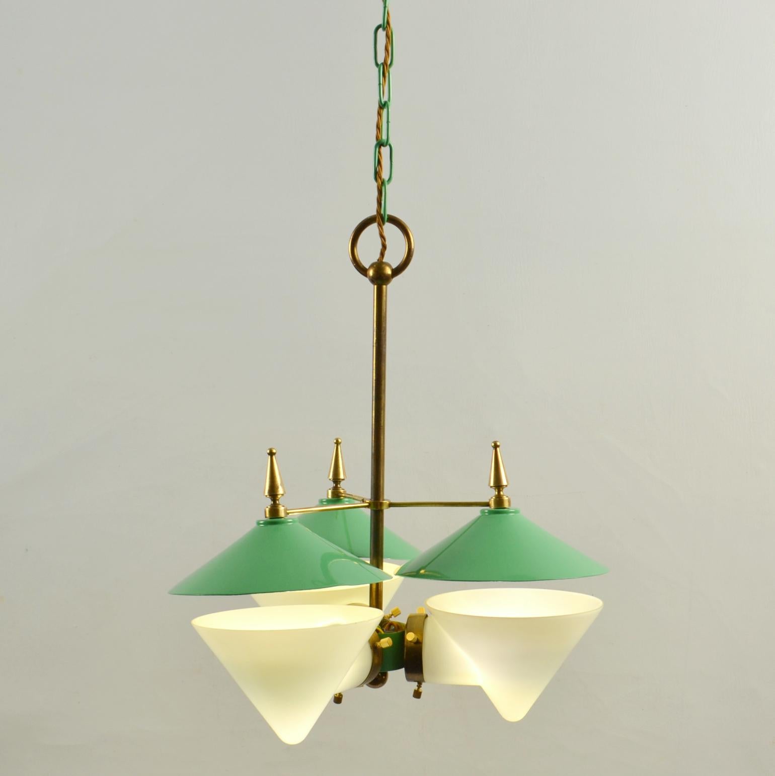 Mid-Century Modern Three Arm Chandelier Green Metal, Opaline Glass Cones and Brass, Arlus 1950's  For Sale