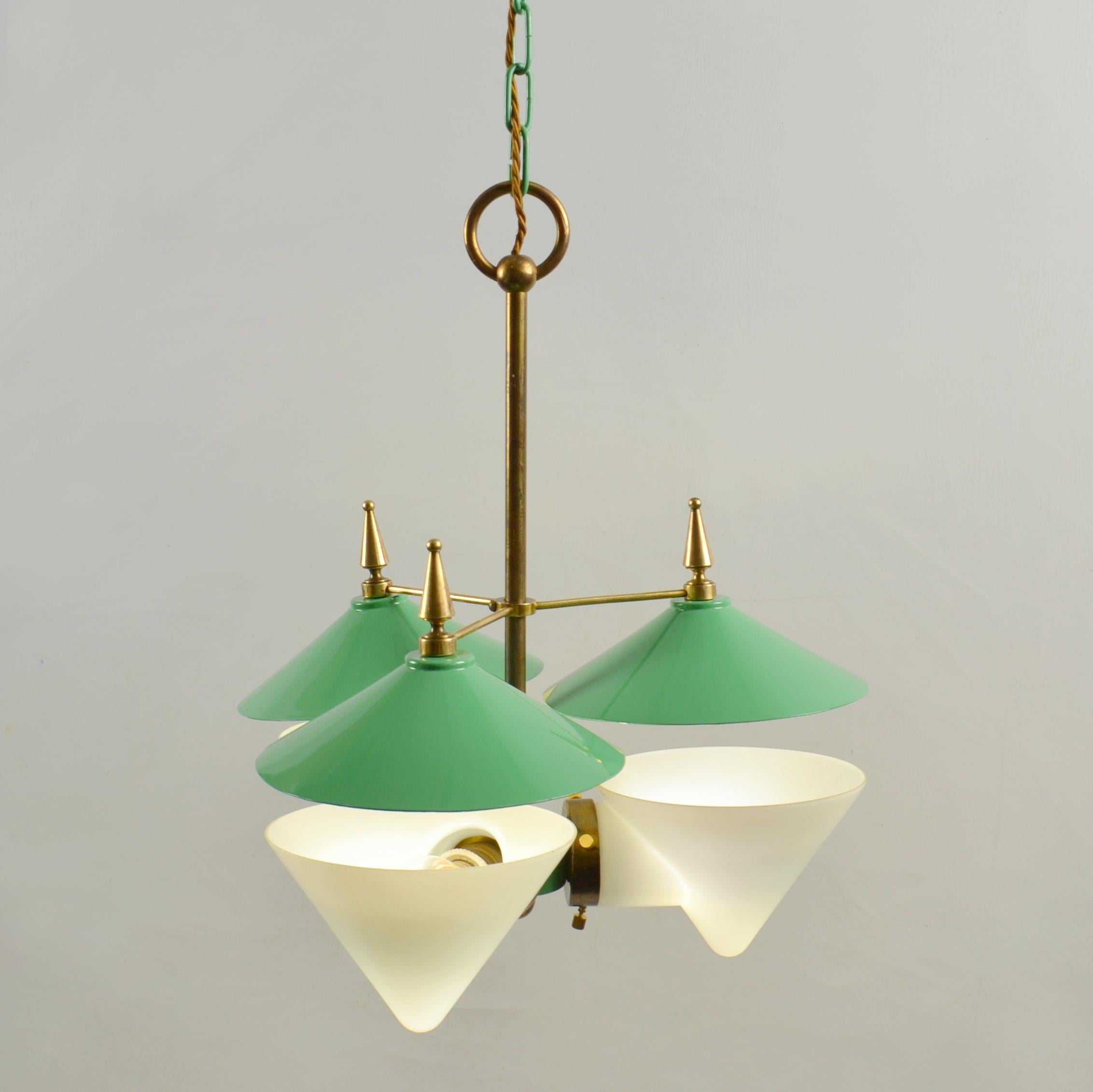 French Three Arm Chandelier Green Metal, Opaline Glass Cones and Brass, Arlus 1950's  For Sale