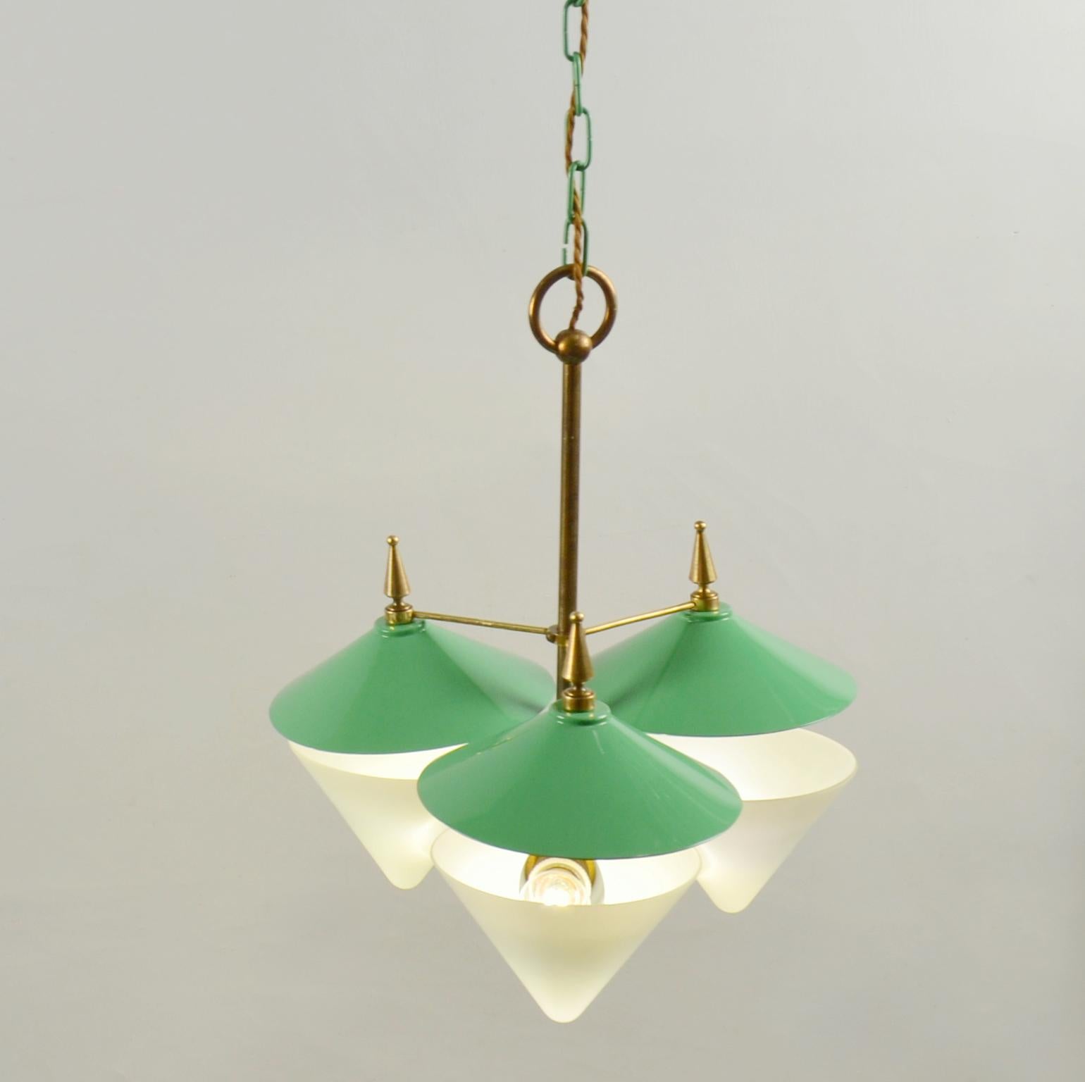 Three Arm Chandelier Green Metal, Opaline Glass Cones and Brass, Arlus 1950's  In Excellent Condition For Sale In London, GB