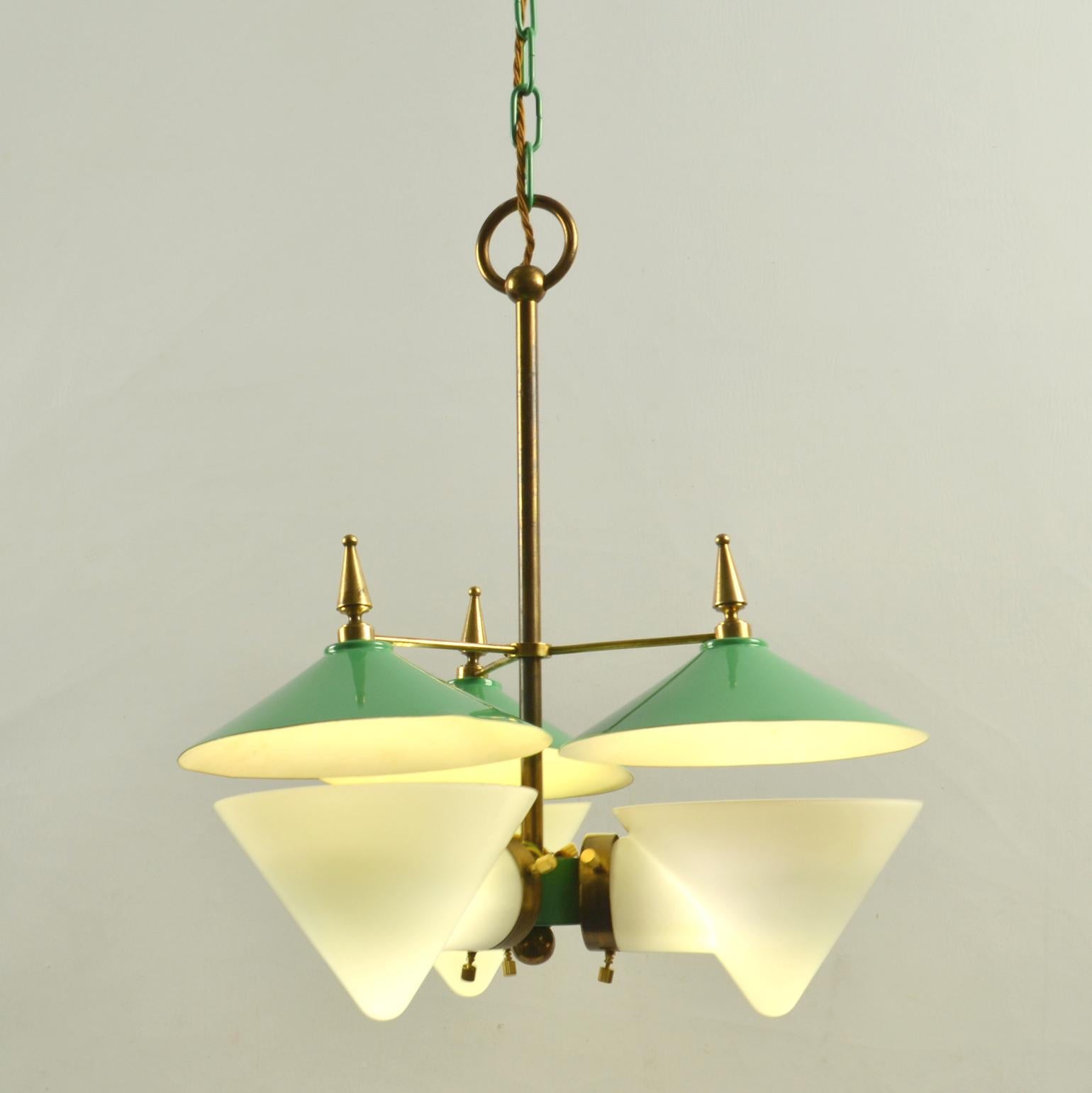 Mid-20th Century Three Arm Chandelier Green Metal, Opaline Glass Cones and Brass, Arlus 1950's  For Sale