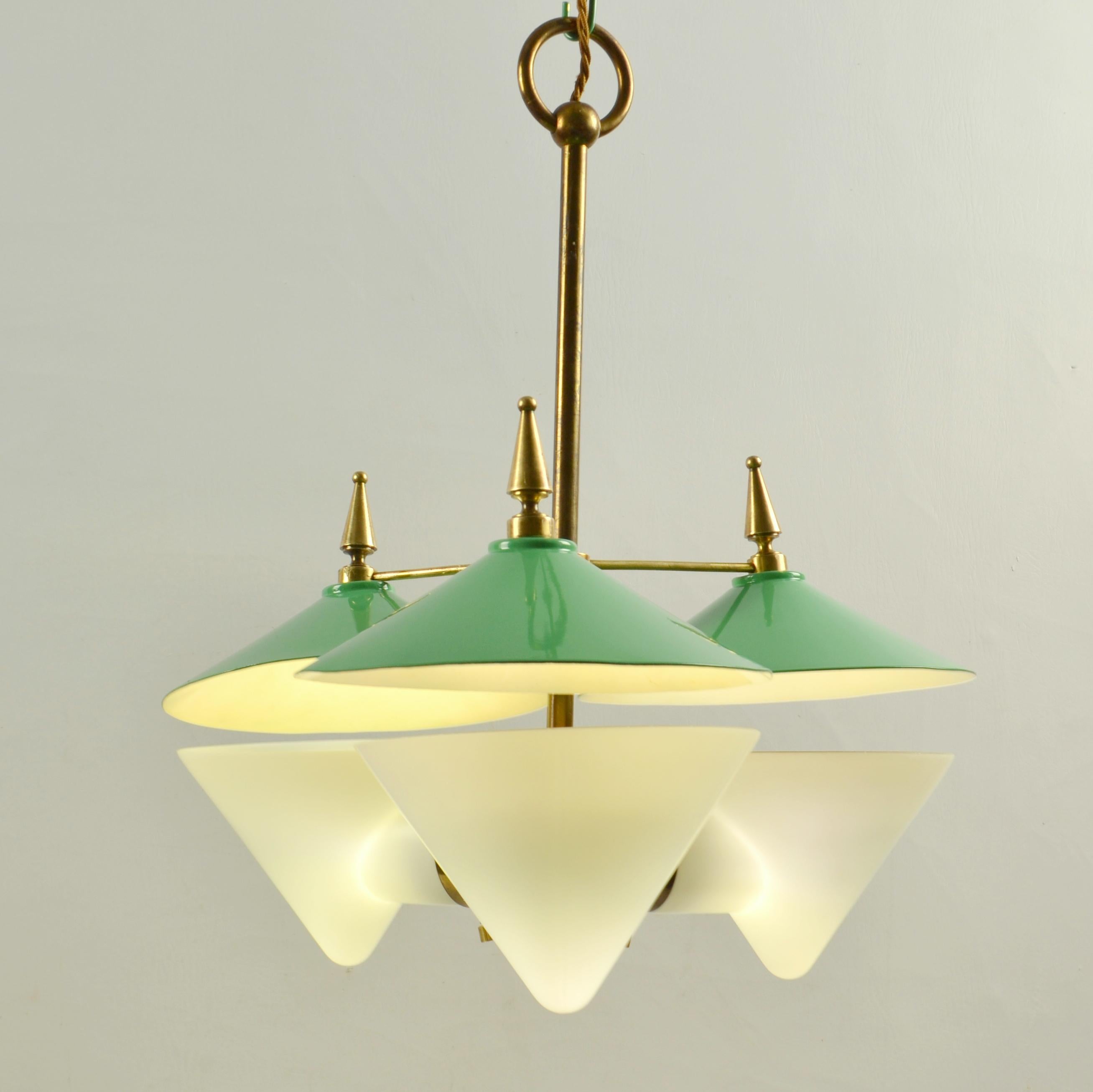 Three Arm Chandelier Green Metal, Opaline Glass Cones and Brass, Arlus 1950's  For Sale 2