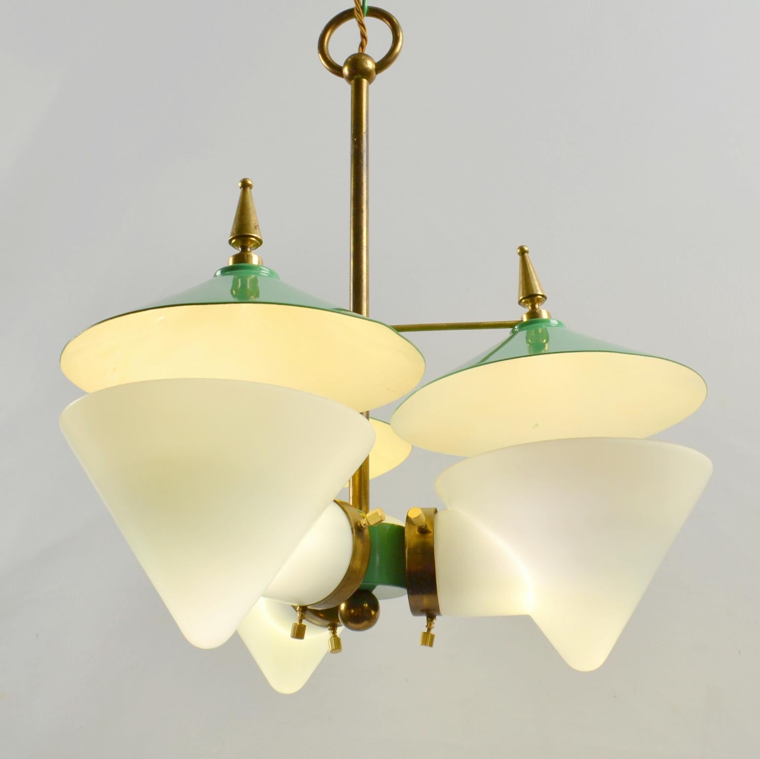 Three Arm Chandelier Green Metal, Opaline Glass Cones and Brass, Arlus 1950's  For Sale 3