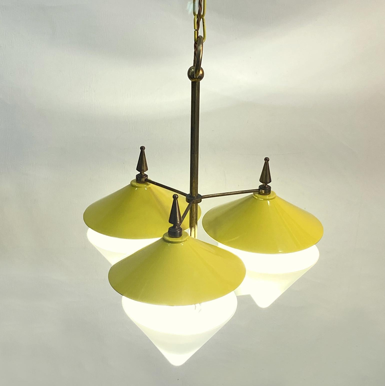 Three Arm Chandelier Yellow Metal, Opaline Glass Cones and Brass, 1950's  For Sale 4