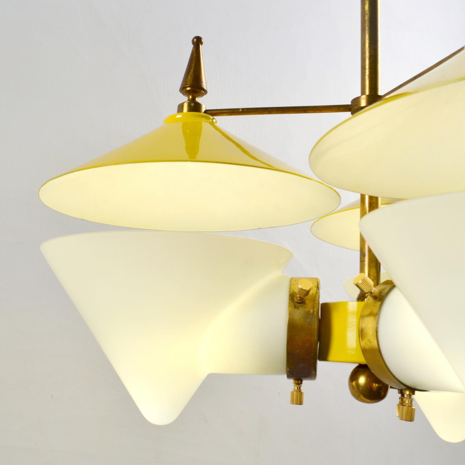 Three Arm Chandelier Yellow Metal, Opaline Glass Cones and Brass, 1950's  For Sale 5