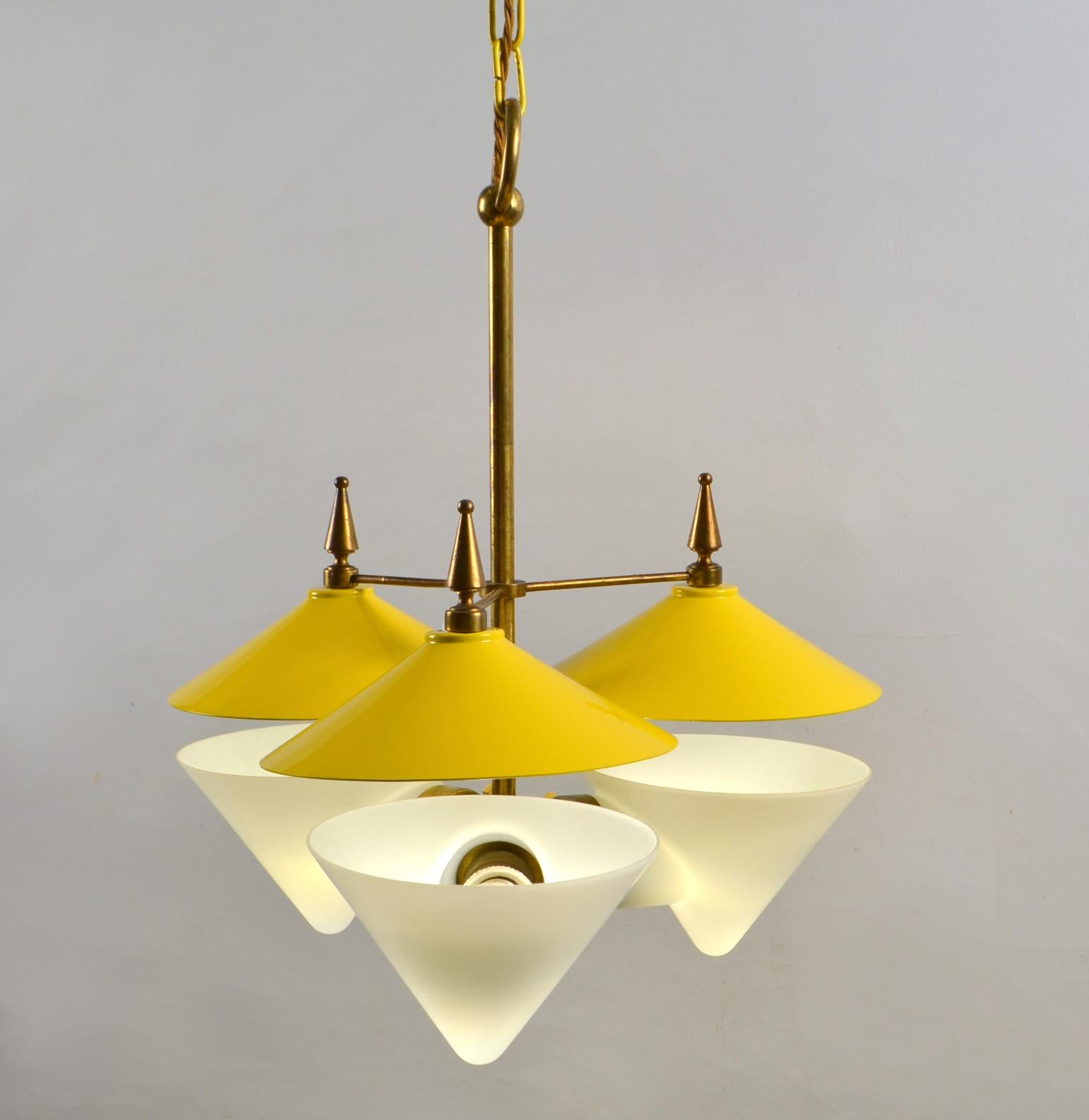 Three Arm Chandelier Yellow Metal, Opaline Glass Cones and Brass, 1950's  For Sale 6