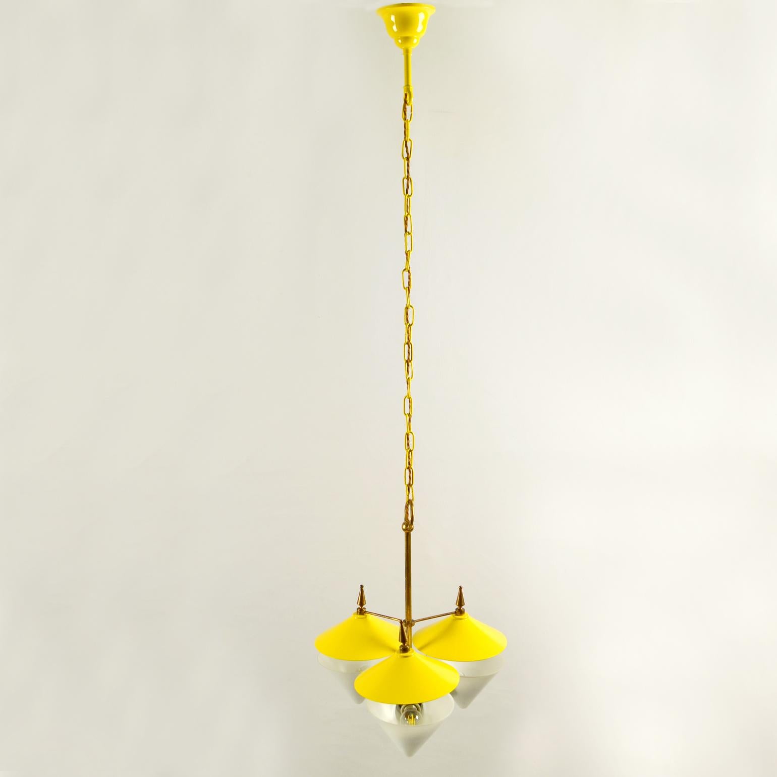 Three Arm Chandelier Yellow Metal, Opaline Glass Cones and Brass, 1950's  For Sale 7