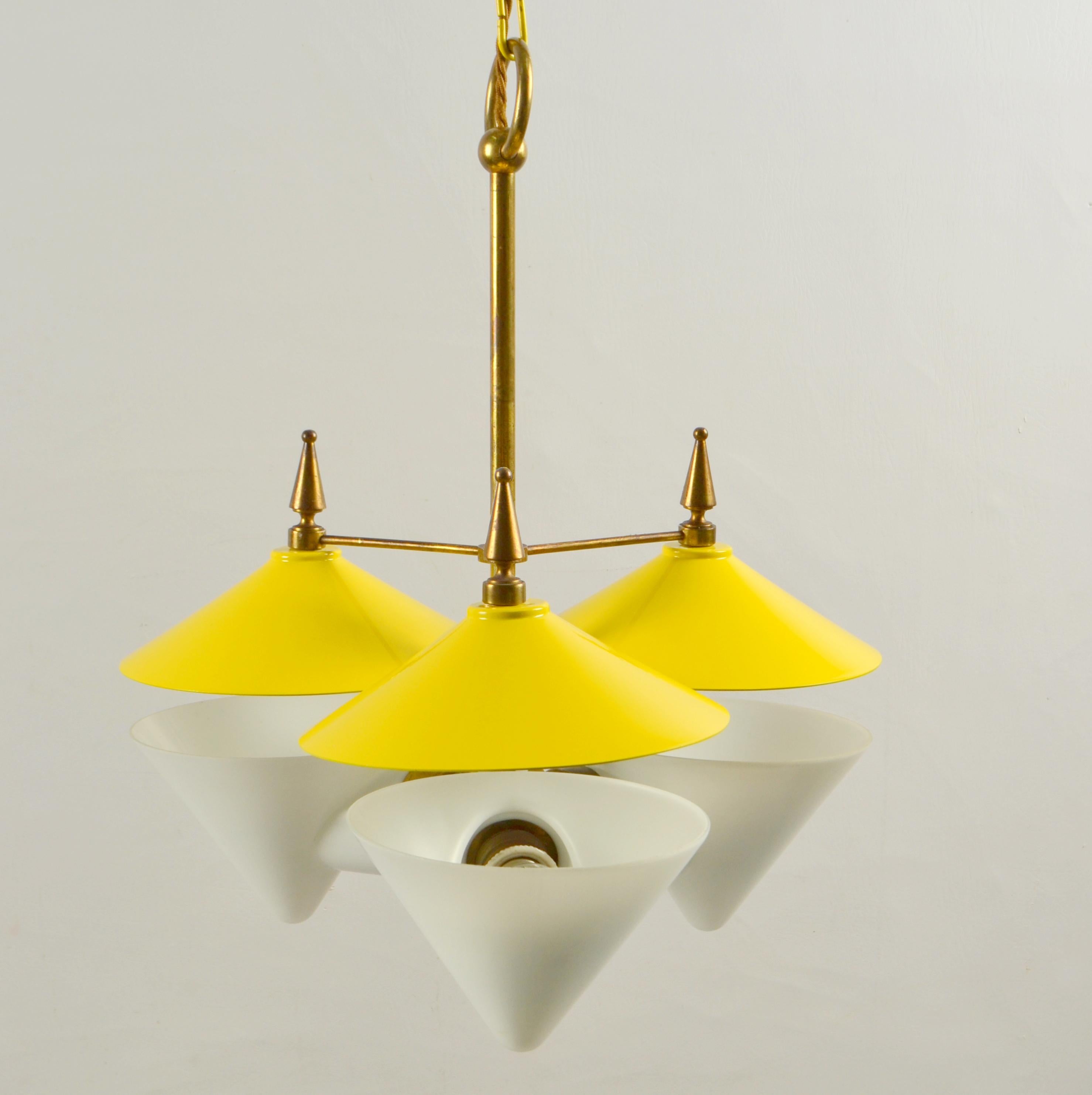 Three Arm Chandelier Yellow Metal, Opaline Glass Cones and Brass, 1950's  For Sale 8