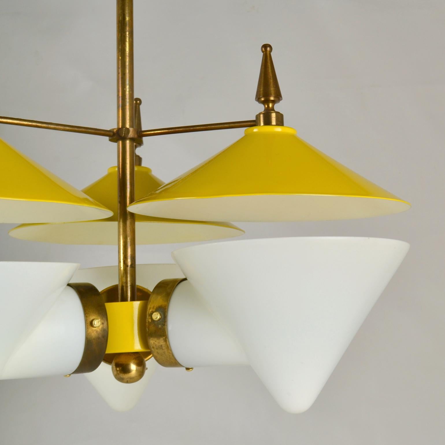 Three Arm Chandelier Yellow Metal, Opaline Glass Cones and Brass, 1950's  For Sale 10
