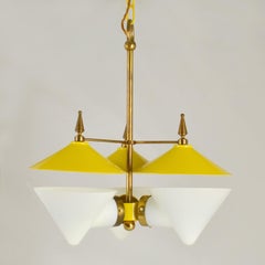 Three Arm Chandelier Yellow Metal, Opaline Glass & Brass, 1950's