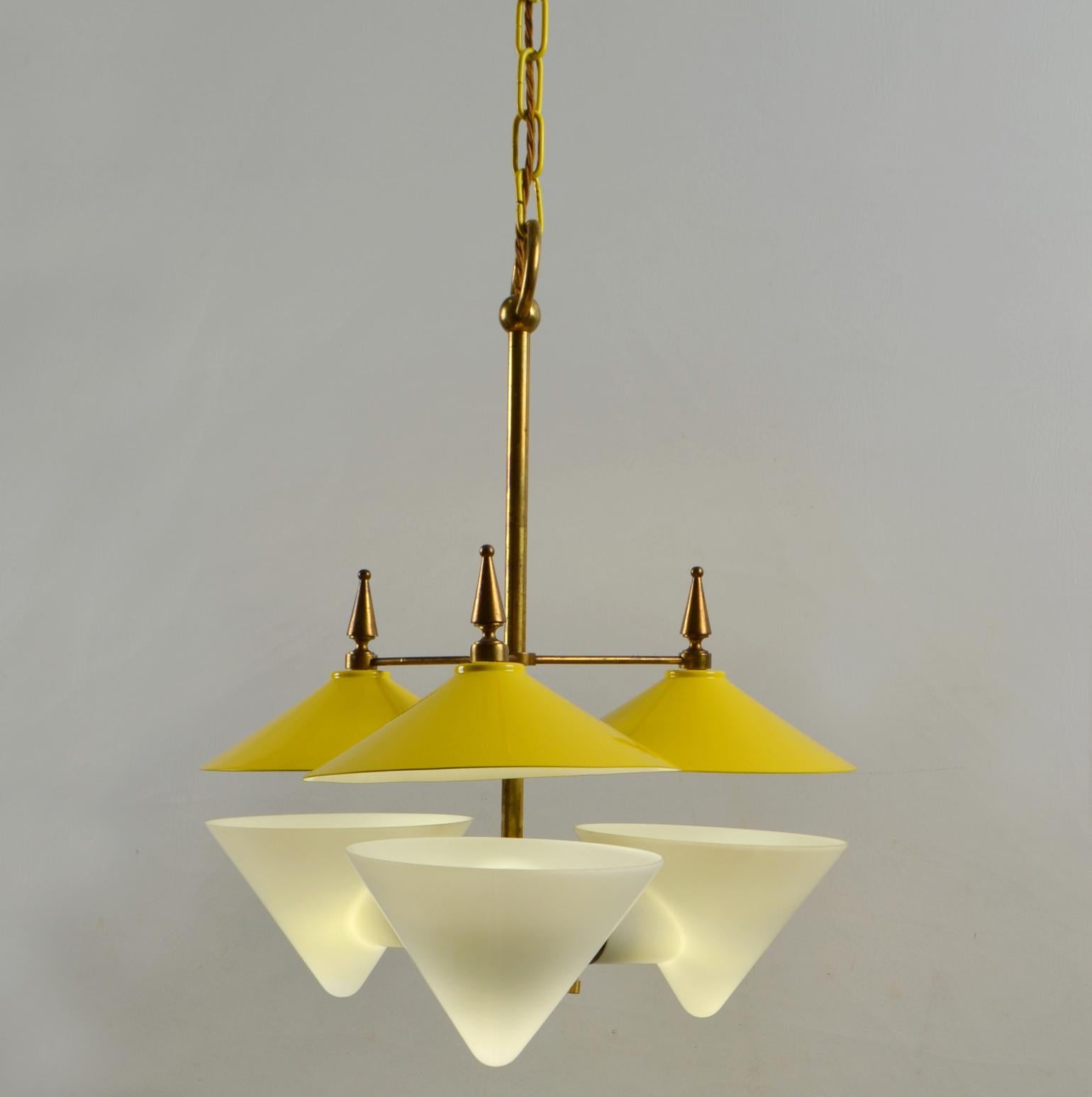 Mid-Century Modern Three Arm Chandelier Yellow Metal, Opaline Glass Cones and Brass, 1950's  For Sale